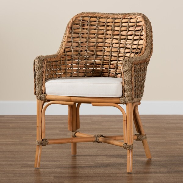 Baxton Studio Kyle Modern Bohemian Natural Brown Woven Rattan Dining Arm Chair with Cushion - 212-12804-ZORO