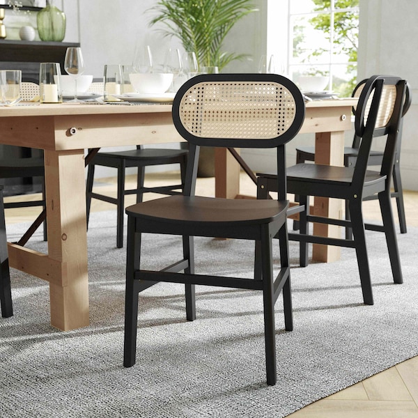 Flash Furniture Jacob Cane Rattan Dining and Event Chairs w/Solid Wood Frame and Seat, Natural/Black, 2PK - SK-220902-NATBLK-GG
