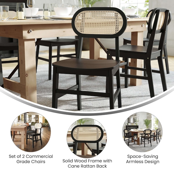 Flash Furniture Jacob Cane Rattan Dining and Event Chairs w/Solid Wood Frame and Seat, Natural/Black, 2PK - SK-220902-NATBLK-GG
