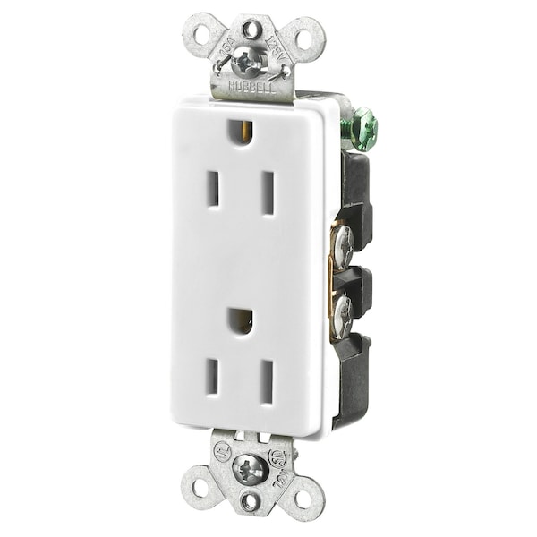 Hubbell Wiring Device-Kellems Straight Blade Devices, Receptacles, Duplex, Decorator/Commercial/Industrial Grade, 2-Pole 3-Wire Grounding, 15A 125V, 5-15R, White, Single Pack - HBL2152WA