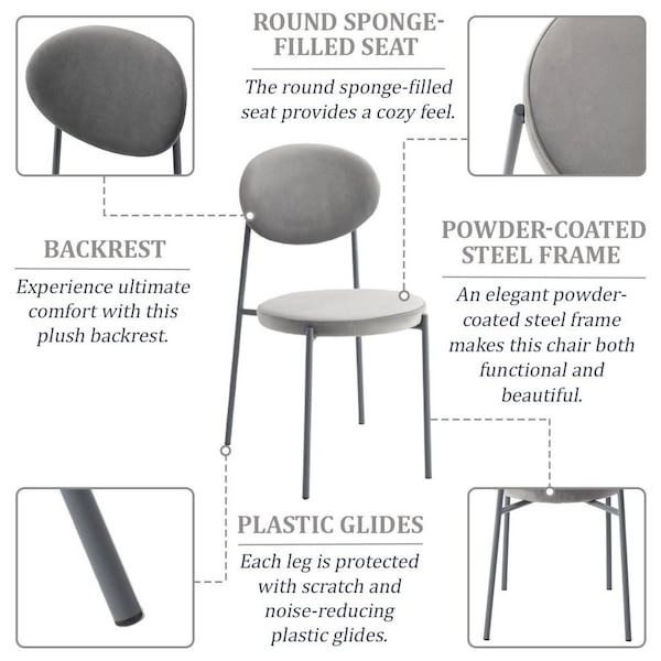 Leisuremod Euston Dining Chair with Velvet Seat and Grey Steel Frame, Grey - RC17GR