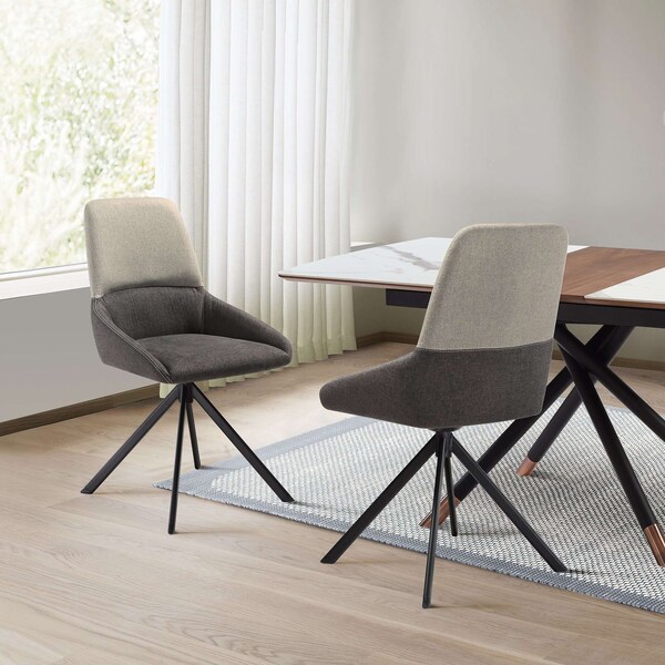Armen Living Maverick Swivel Upholstered Dining Chair in Two-Tone Fabric Gray with Black Metal Legs - Set of 2 - LCMVSIGRYBLK