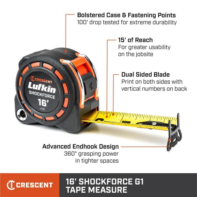 Crescent Lufkin 1-3/16 in. x 16 ft. Shockforce G1 Dual-Sided SAE Tape Measure - L1116-02