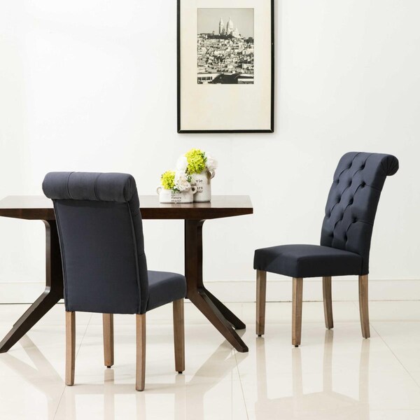 Gfancy Fixtures Natalie Roll Top Tufted Blue Linen Fabric Dining Chair - Blue - 26.75in.L x 17in.W x 38.5in.H, 2PK - GF3664733