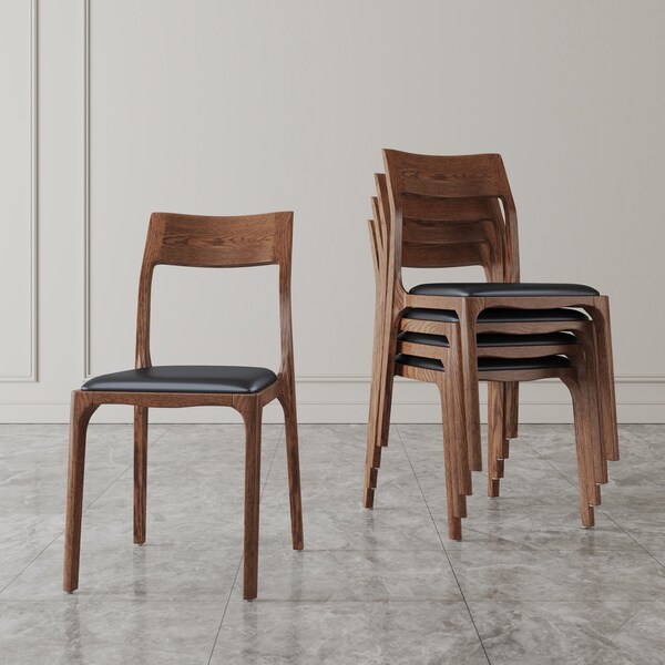 Manhattan Comfort Modern Moderno Stackable Dining Chair in Leatherette with Solid Wood Frame in Walnut&Black, 4PK - 2-DC070-BK
