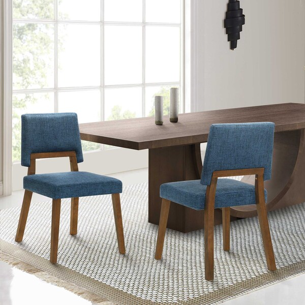 Armen Living Channell Wood Dining Chair in Walnut Finish with Blue Fabric - Set of 2 - LCCHCHWABLU