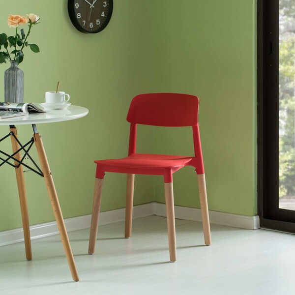Fabulaxe Modern Plastic Dining Chair Open Back with Beech Wood Legs, Red, PK 4 - QI004222.RD.4