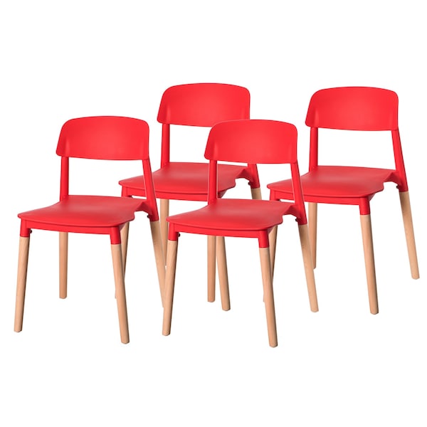Fabulaxe Modern Plastic Dining Chair Open Back with Beech Wood Legs, Red, PK 4 - QI004222.RD.4