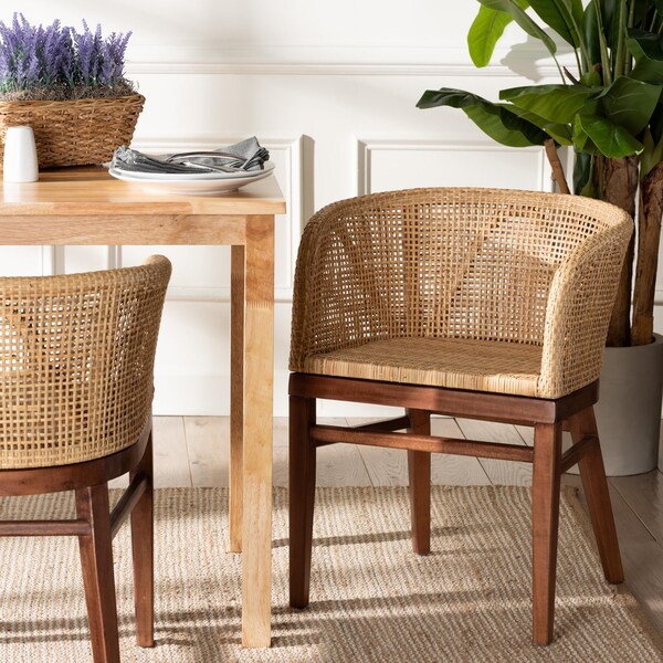 Bali & Pari Papua Modern Bohemian Natural Rattan and Walnut Brown Acacia Wood Dining Chair - 242-13491-ZORO
