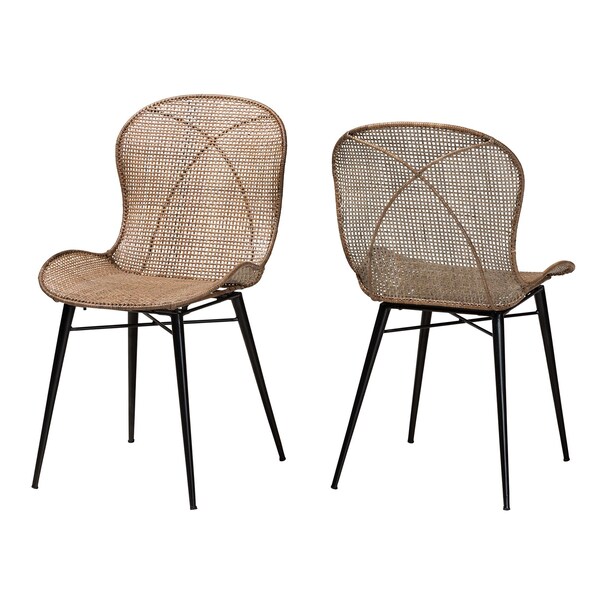 Baxton Studio Sabelle Japandi Greywashed Rattan and Black Metal 2-Piece Dining Chair Set, PR - 233-2PC-12830-ZORO