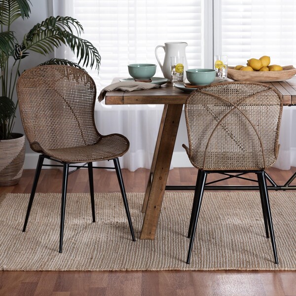 Baxton Studio Sabelle Japandi Greywashed Rattan and Black Metal 2-Piece Dining Chair Set, PR - 233-2PC-12830-ZORO