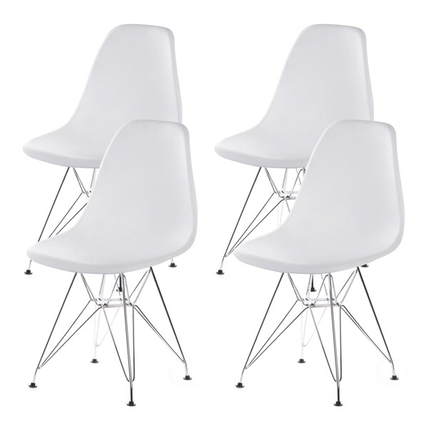 Fabulaxe Mid-Century Modern Style Plastic DSW Shell Dining Chair with Metal Legs, White - QI003947.WT.4