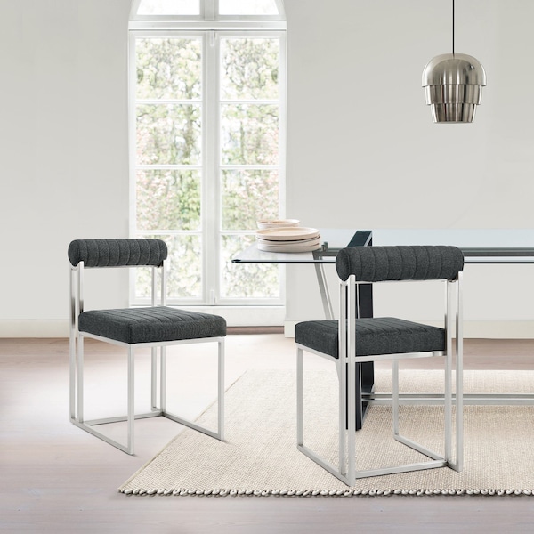 Armen Living Anastasia Dining Chair with Brushed Stainless Steel and Charcoal Fabric - Set of 2 - LCANSIBSCH