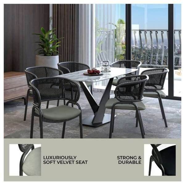 Leisuremod Ervilla Dining Armchair in Black Steel Frame with Black Wicker Back and Grey Seat - ECBL-20BL-GR