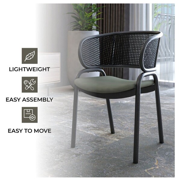 Leisuremod Ervilla Dining Armchair in Black Steel Frame with Black Wicker Back and Grey Seat - ECBL-20BL-GR