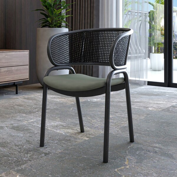 Leisuremod Ervilla Dining Armchair in Black Steel Frame with Black Wicker Back and Grey Seat - ECBL-20BL-GR