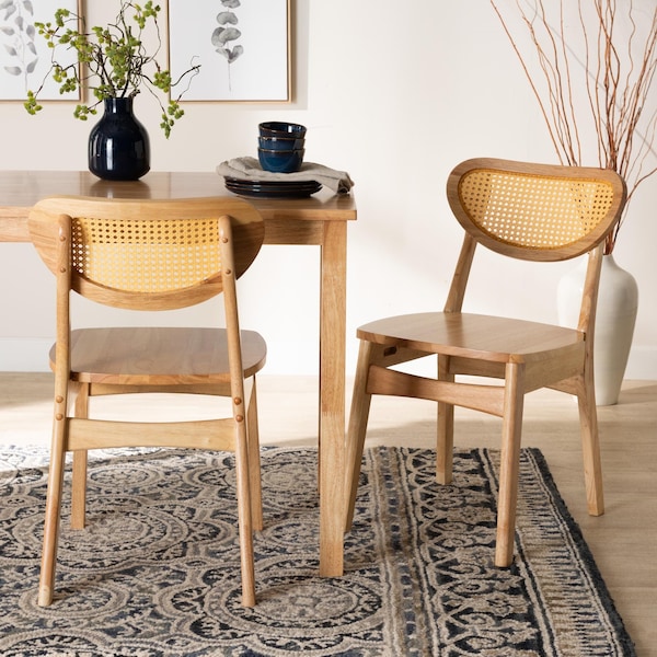 Baxton Studio Nenet Mid-Century Modern Oak Brown Finished Wood and Rattan 2-Piece Dining Chair Set, PR - 239-2PC-13412-ZORO