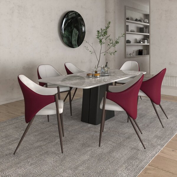 Leisuremod Sante Modern Leather Dining Arm Chair with Iron Legs in White/Bordouex, 2PK - SC53WB2