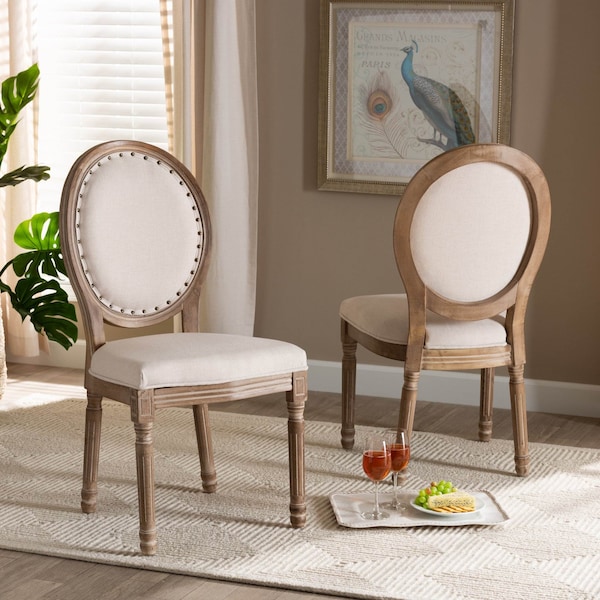 Baxton Studio Louis Traditional Beige Fabric Upholstered and Antique Brown Finished Wood Dining Chair Set(2PC) PR - 200-2PC-12333-ZORO