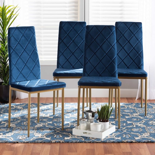Baxton Studio Blaise Glam and Luxe Navy Blue Velvet Upholstered and Gold Finished Metal Dining Chair Set (4PC) - 194-4PC-11774-ZORO