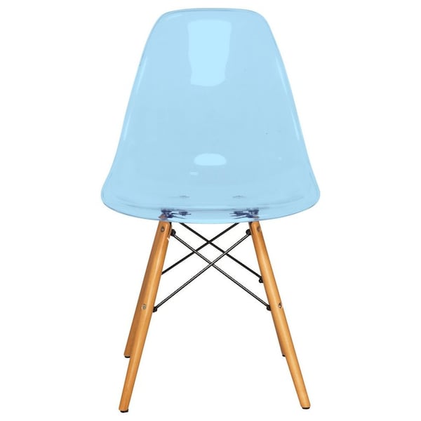 Leisuremod Dover Plastic Dining Side Chair with Wooden Legs, Transparent Blue, 2PK - EP19TBU2