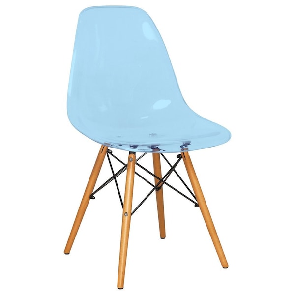 Leisuremod Dover Plastic Dining Side Chair with Wooden Legs, Transparent Blue, 2PK - EP19TBU2