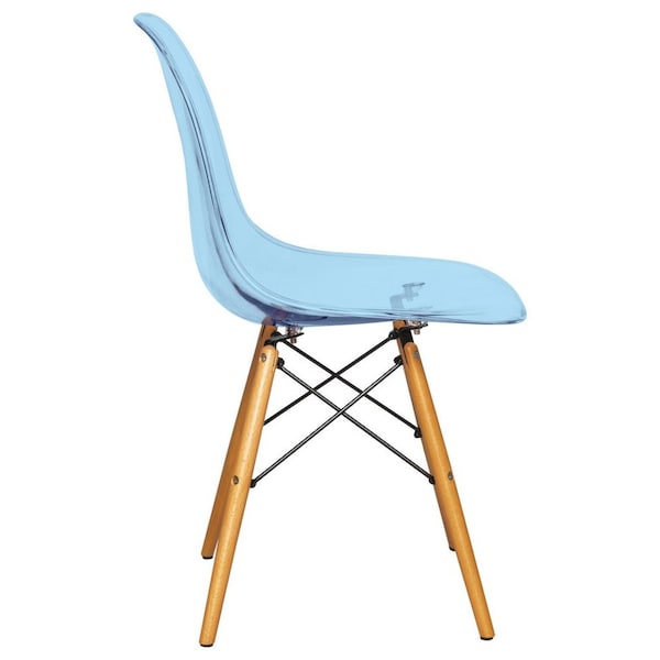 Leisuremod Dover Plastic Dining Side Chair with Wooden Legs, Transparent Blue, 2PK - EP19TBU2