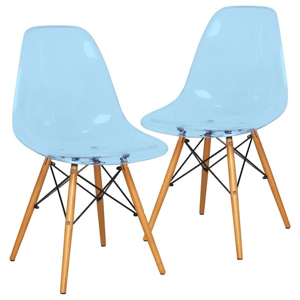 Leisuremod Dover Plastic Dining Side Chair with Wooden Legs, Transparent Blue, 2PK - EP19TBU2