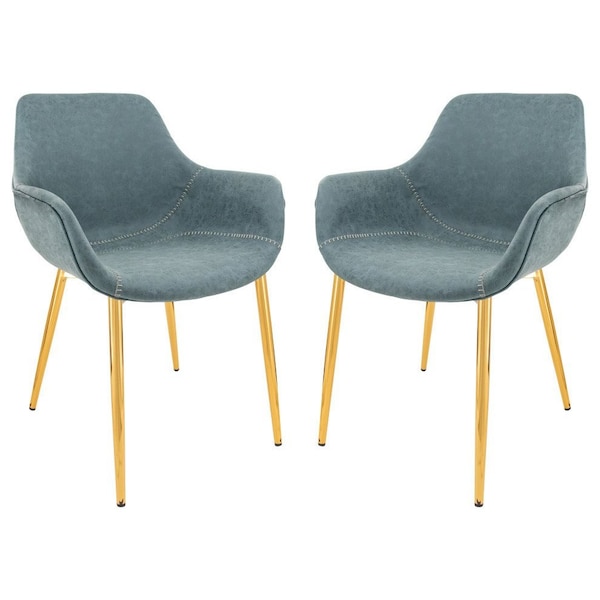 Leisuremod Markley Modern Leather Dining Arm Chair with Gold Metal Legs, Peacock Blue, 2PK - ECG26BU2