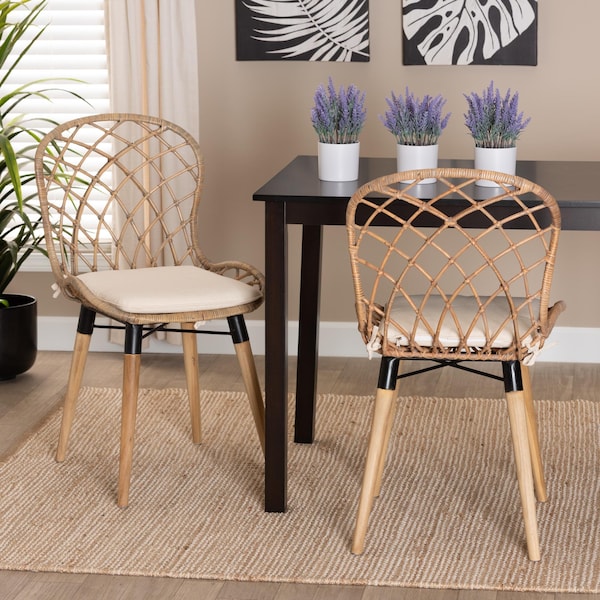 Baxton Studio Sabelle Modern Bohemian Natural Finished Teak Wood and Greywashed Rattan 2-Piece Dining Chair Set, PR - 231-2PC-12822-ZORO
