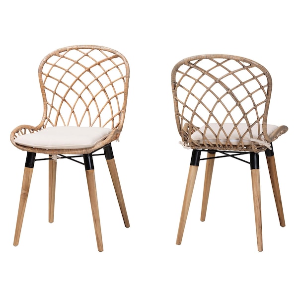 Baxton Studio Sabelle Modern Bohemian Natural Finished Teak Wood and Greywashed Rattan 2-Piece Dining Chair Set, PR - 231-2PC-12822-ZORO