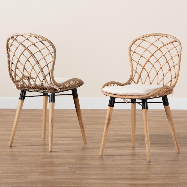 Baxton Studio Sabelle Modern Bohemian Natural Finished Teak Wood and Greywashed Rattan 2-Piece Dining Chair Set, PR - 231-2PC-12822-ZORO