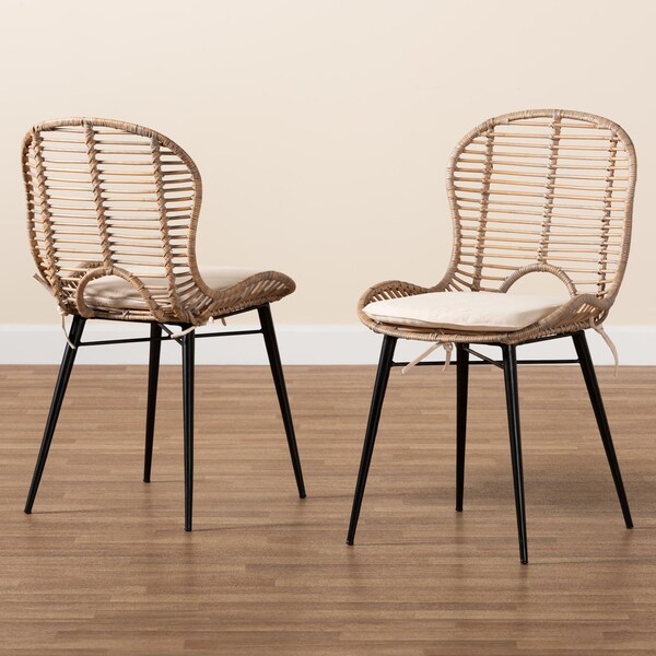 Baxton Studio Brenna Modern Bohemian Greywashed Rattan and Black Metal 2-Piece Dining Chair Set, PR - 231-2PC-12826-ZORO