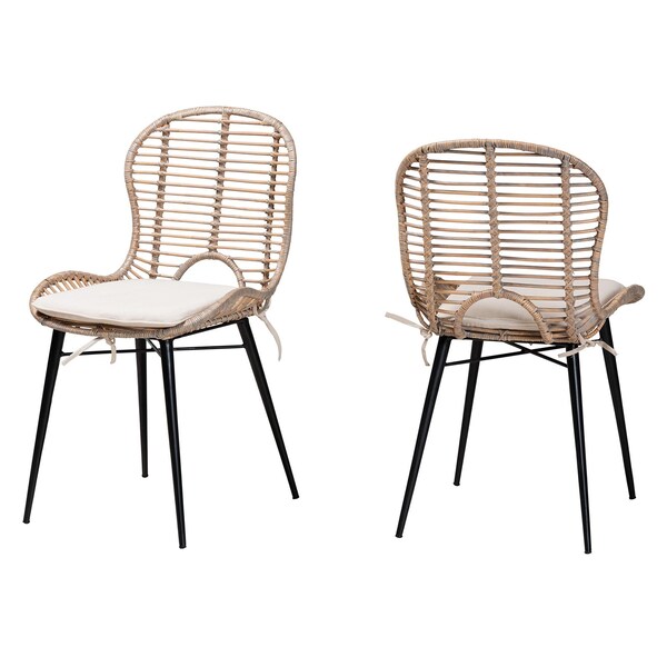 Baxton Studio Brenna Modern Bohemian Greywashed Rattan and Black Metal 2-Piece Dining Chair Set, PR - 231-2PC-12826-ZORO