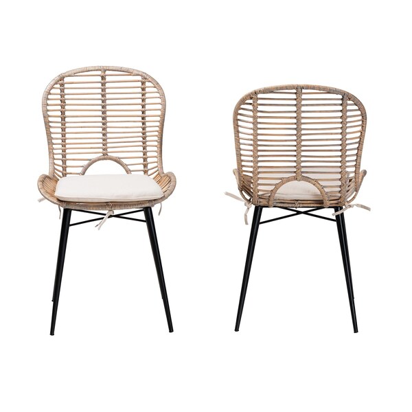 Baxton Studio Brenna Modern Bohemian Greywashed Rattan and Black Metal 2-Piece Dining Chair Set, PR - 231-2PC-12826-ZORO