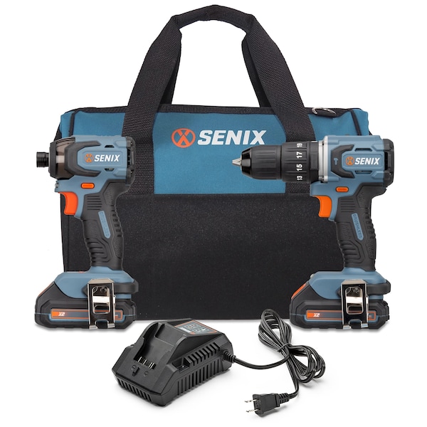 Senix 20 Volt Max 2-Tool Cordless Brushless Combo Kit, 1/2-in. Hammer Drill Driver & 1/4-in. Impact Driver - S2K2B2-02