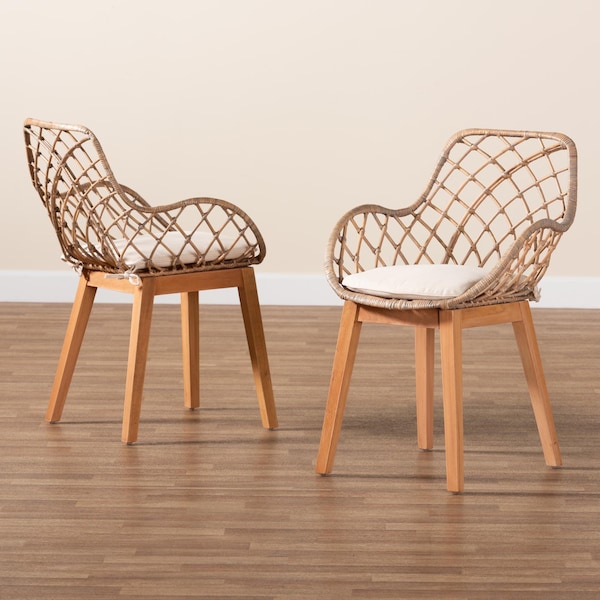 Baxton Studio Ballerina Modern Bohemian Greywashed Rattan and Natural Brown Finished 2-Piece Dining Chair Set, PR - 234-2PC-12825-ZORO