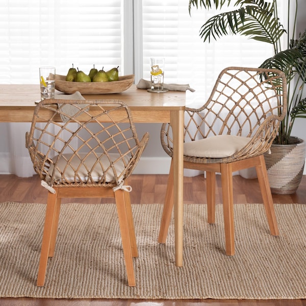 Baxton Studio Ballerina Modern Bohemian Greywashed Rattan and Natural Brown Finished 2-Piece Dining Chair Set, PR - 234-2PC-12825-ZORO