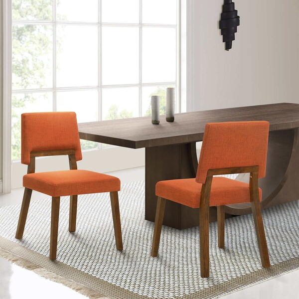 Armen Living Channell Wood Dining Chair in Walnut Finish with Orange Fabric - Set of 2 - LCCHCHWAOR