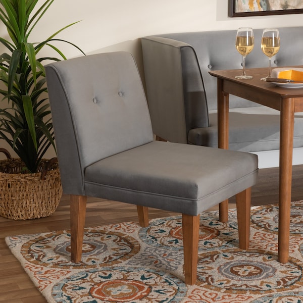 Baxton Studio Stewart MidCentury Modern Grey Velvet Upholstered and Walnut Brown Finished Wood Dining Chair - 214-11698-ZORO