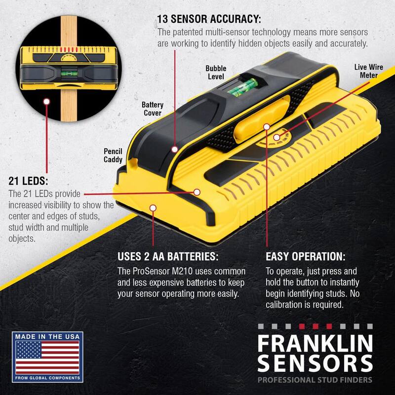 Franklin Sensors ProSensor M210 Full Width Center and Edge Stud Finder with 13-Sensors and Live Wire Meter/Wood and Metal Stud Detector - FSM21012HD