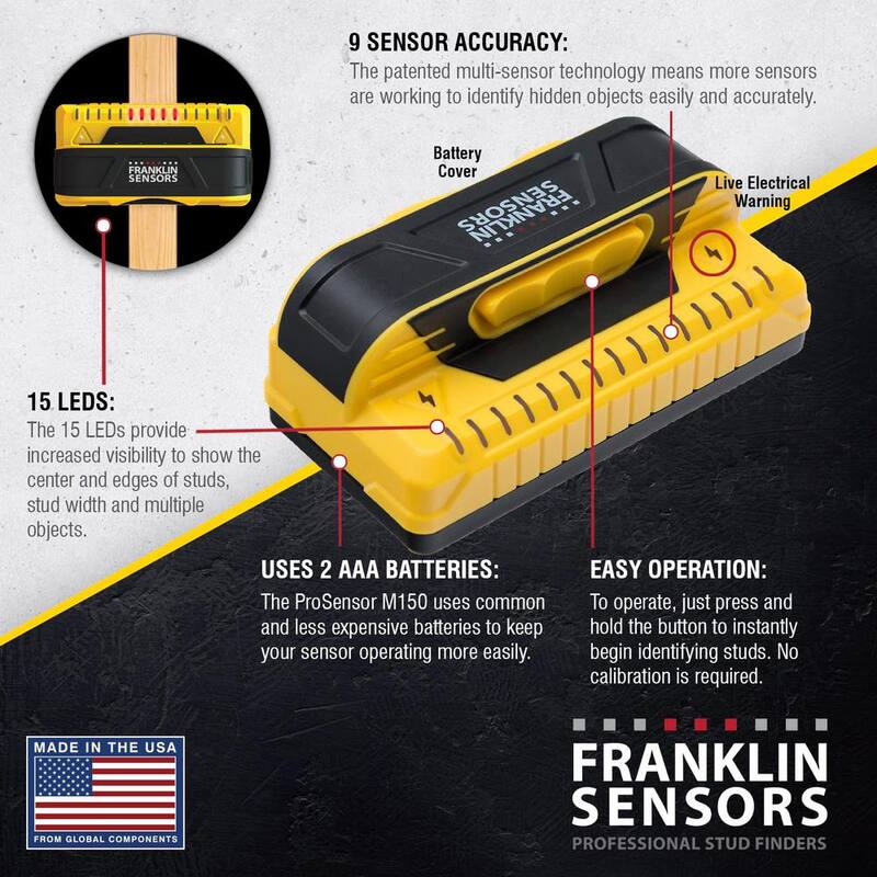 Franklin Sensors ProSensor M150 Full Width Center and Edge Stud Finder with 9-Sensors and Live Wire Warning/Wood and Metal Stud Detector - FSM15002HD
