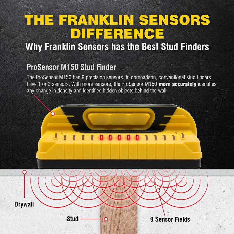 Franklin Sensors ProSensor M150 Full Width Center and Edge Stud Finder with 9-Sensors and Live Wire Warning/Wood and Metal Stud Detector - FSM15002HD