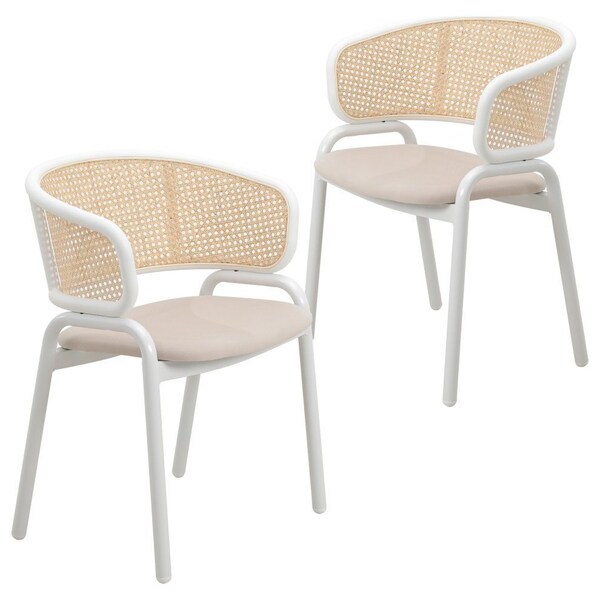 Leisuremod Ervilla Dining Chair with White Powder Coated Steel Legs and Wicker Back, Beige, 2PK - ECW-20BG2