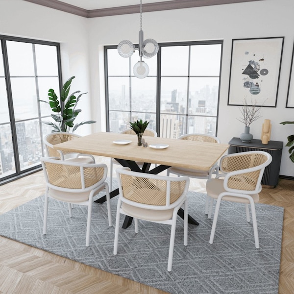 Leisuremod Ervilla Dining Chair with White Powder Coated Steel Legs and Wicker Back, Beige, 2PK - ECW-20BG2