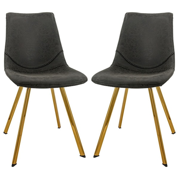 Leisuremod Markley Modern Leather Dining Chair with Gold Legs, Charcoal Black, 2PK - MCG18BL2