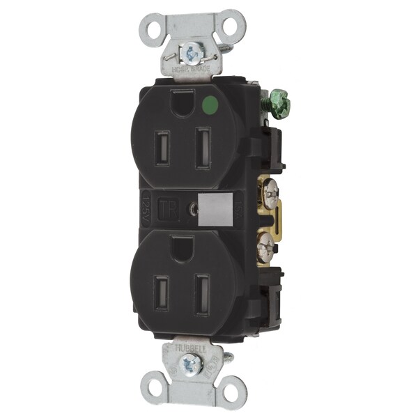 Hubbell Wiring Device-Kellems Straight Blade Devices, Tamper Resistant Duplex Receptacle, Hubbell-Pro, Hospital Grade, 2-Pole 3-Wire Grounding, 15A 125V, 5-15R, Black - 8200BKTRA