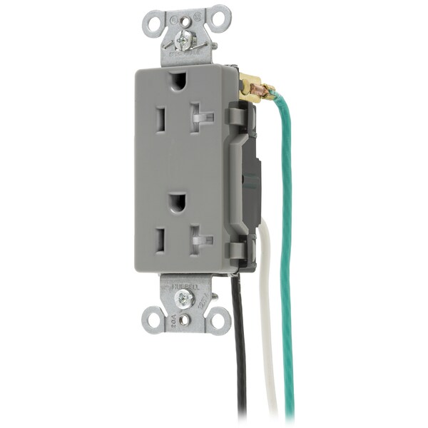Hubbell Wiring Device-Kellems Straight Blade Devices, Receptacles, Tamper-Resistant Duplex, Decorator/Commercial/Industrial Grade, 20A 125V, 5-20R, Pre-Wired 8" Stranded. - DR20GRYTRP2
