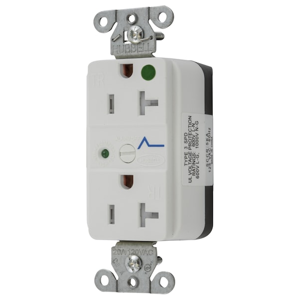 Hubbell Wiring Device-Kellems Straight Blade Devices, Decorator Duplex Receptacle, Hospital Grade, SNAP-Connect, Surge supression, Tamper Resistant, LED Indicator, 20A 125V - SNAP8362WS