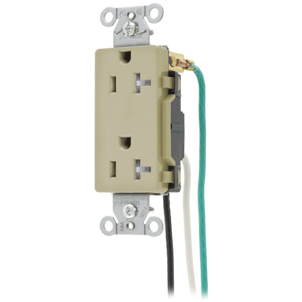 Hubbell Wiring Device-Kellems Straight Blade Devices, Receptacles, Tamper-Resistant Duplex, Decorator/Commercial/Industrial Grade, 20A 125V, 5-20R, Pre-Wired 8" Solid Leads - DR20ITRP1